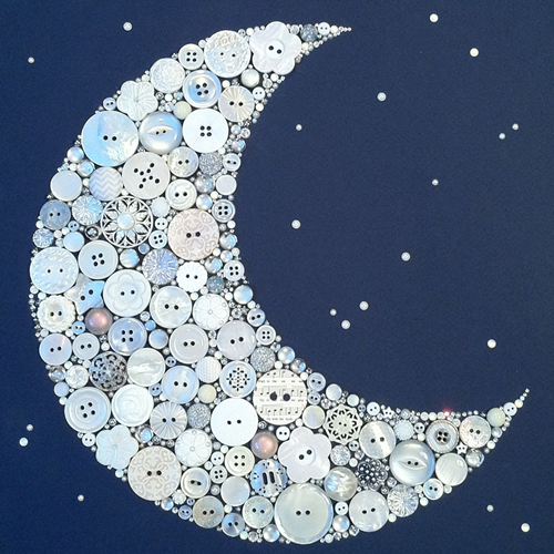 Picture of a moon made of buttons on a starry sky background