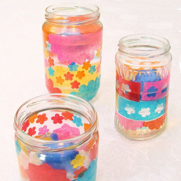 glass jars with tissue paper designs