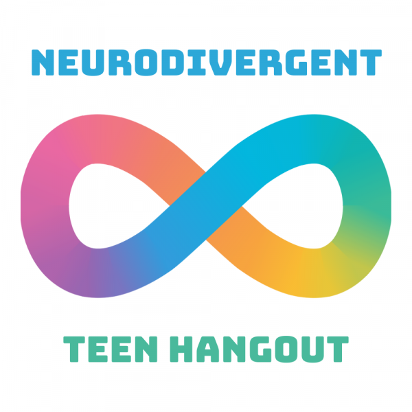 Neurodivergent symbol - rainbow infinity sign - with words: Neurodivergent Teen Hangout